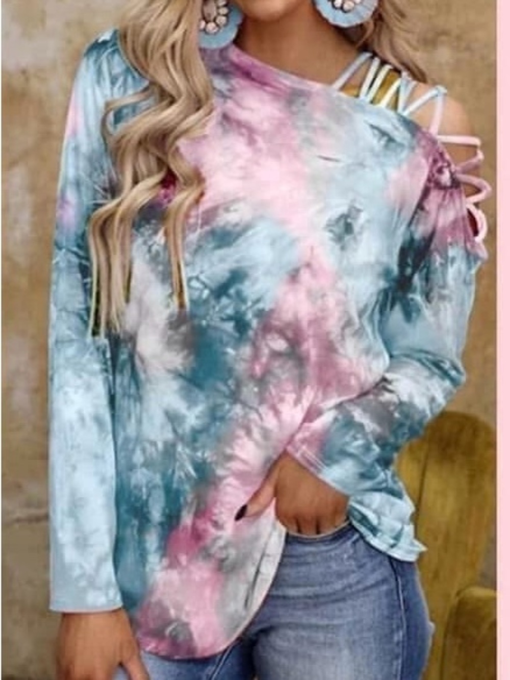 Tie-Dye Cold-Shoulder Long Sleeve Top - Pink & Teal